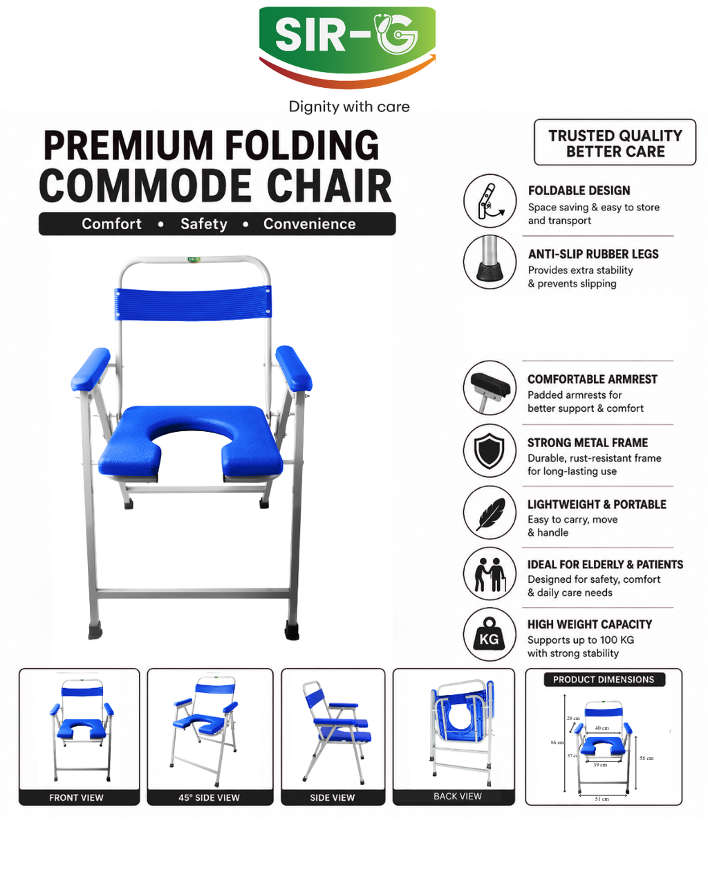 Blue Foldable Commode Chair