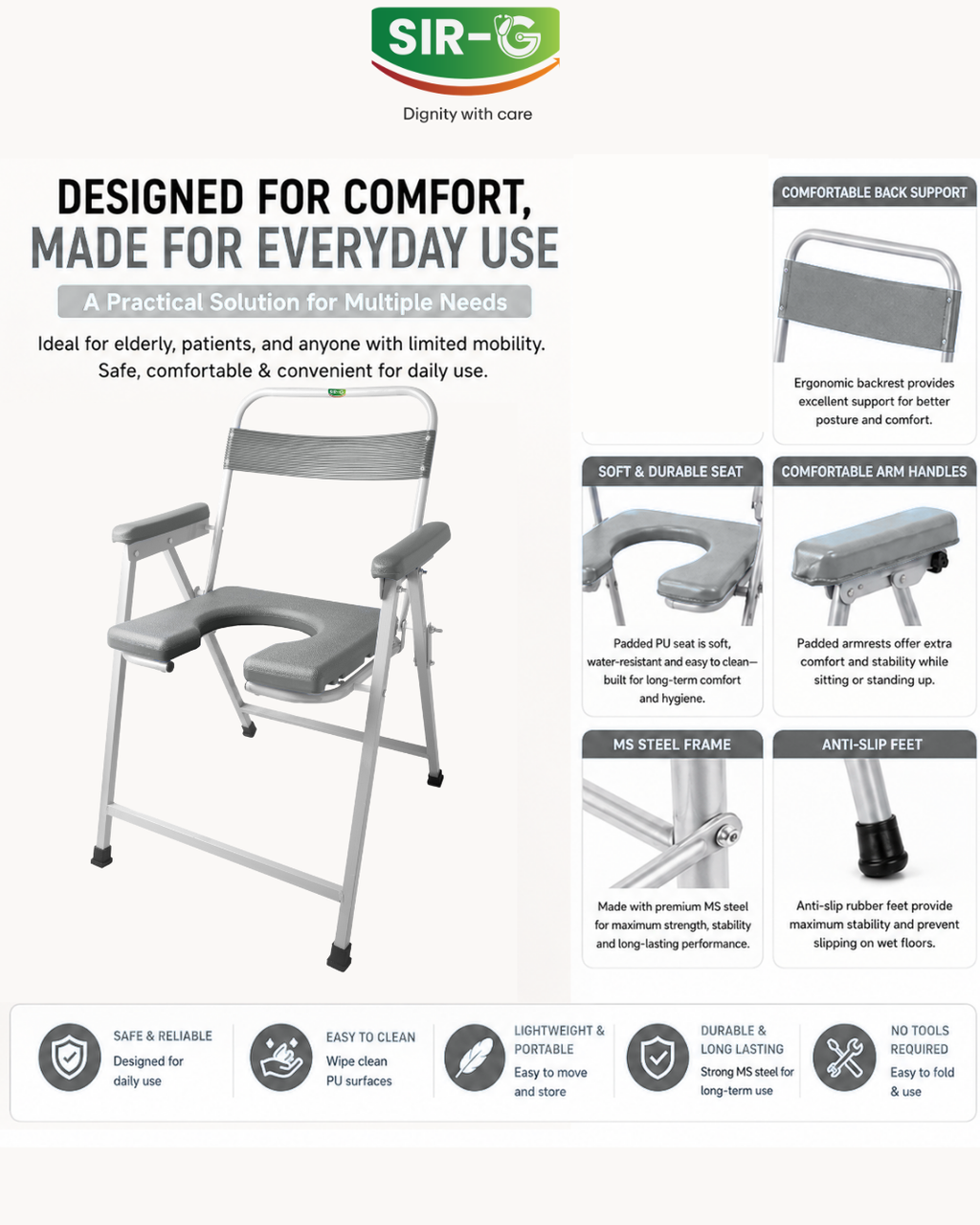 Grey Foldable Commode Chair