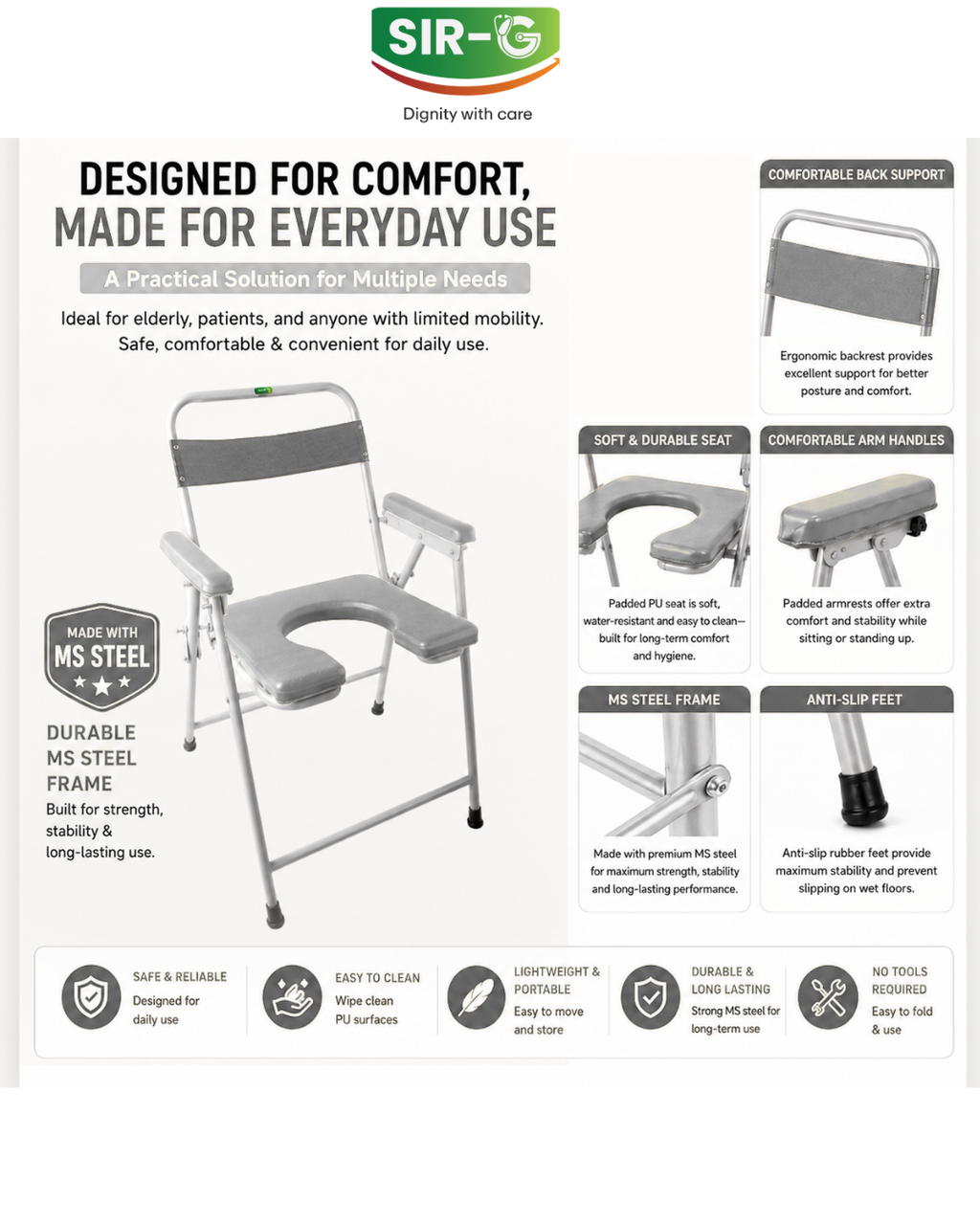 Grey Foldable Commode Chair