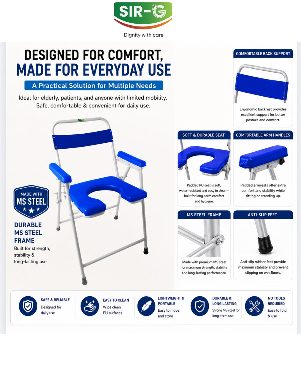 Blue Foldable Commode Chair