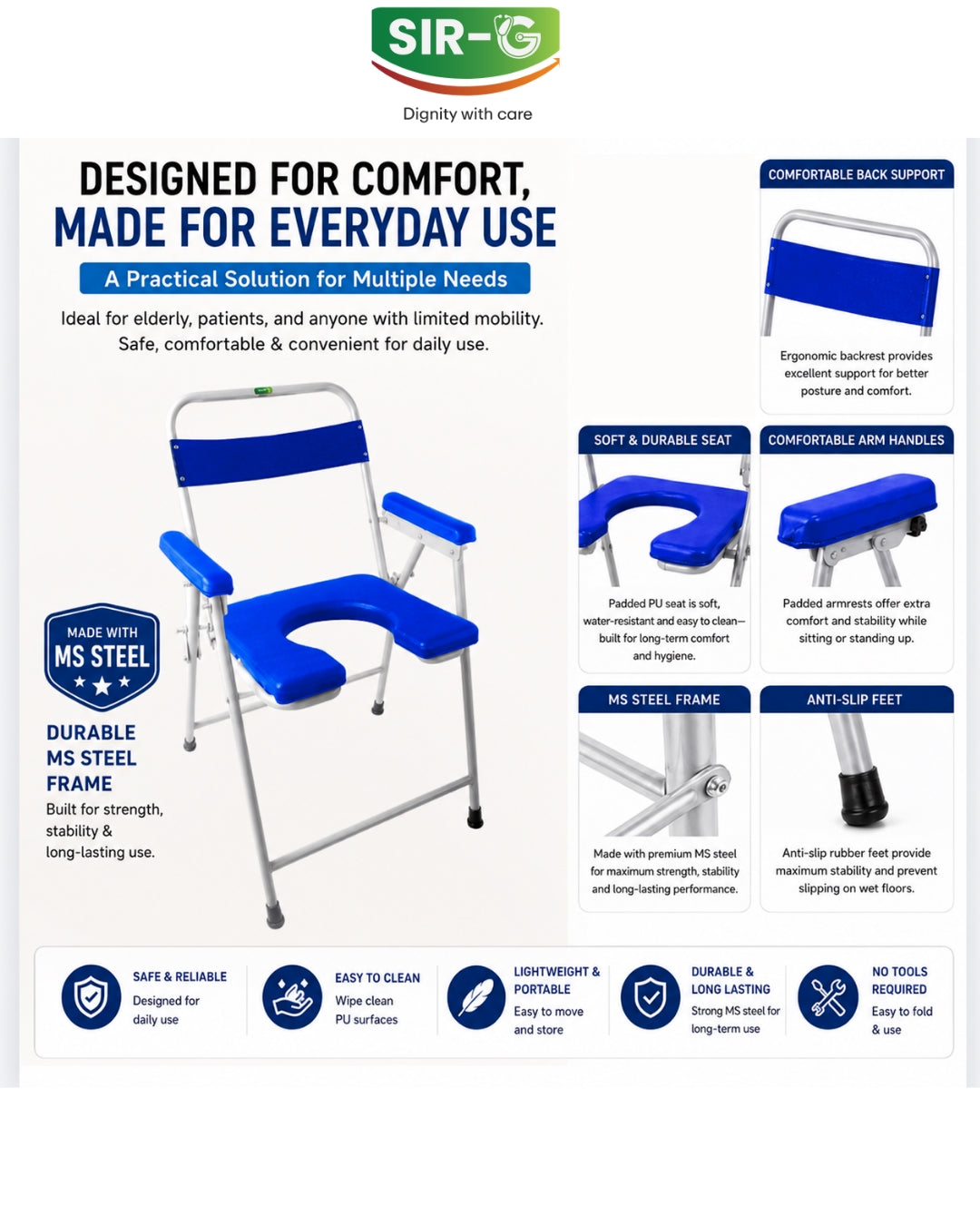 Blue Foldable Commode Chair